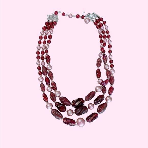 Japanese Vintage Red & Pink Beaded Three Strand Necklace - Picture 1 of 6
